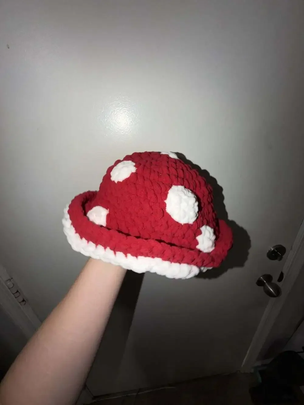Handmade Crochet Mushroom Bucket Hat with Red and White Yarn